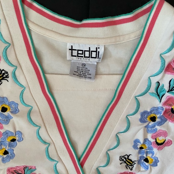 Vtg. 80s teddi brand petite women’s floral embroidery sequins top blouse, PM - Picture 11 of 12